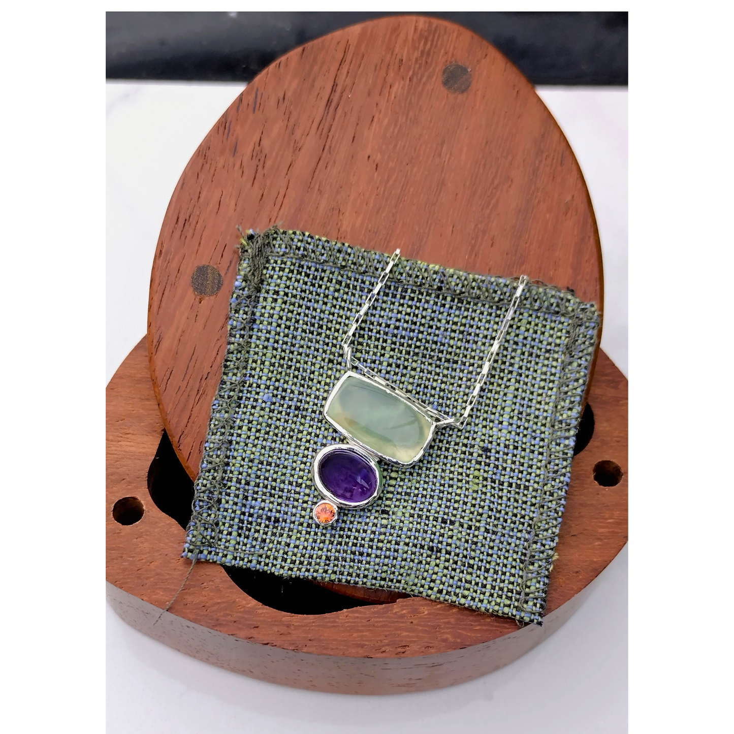 Prehnite, Amethyst and saphire sterling silver necklace