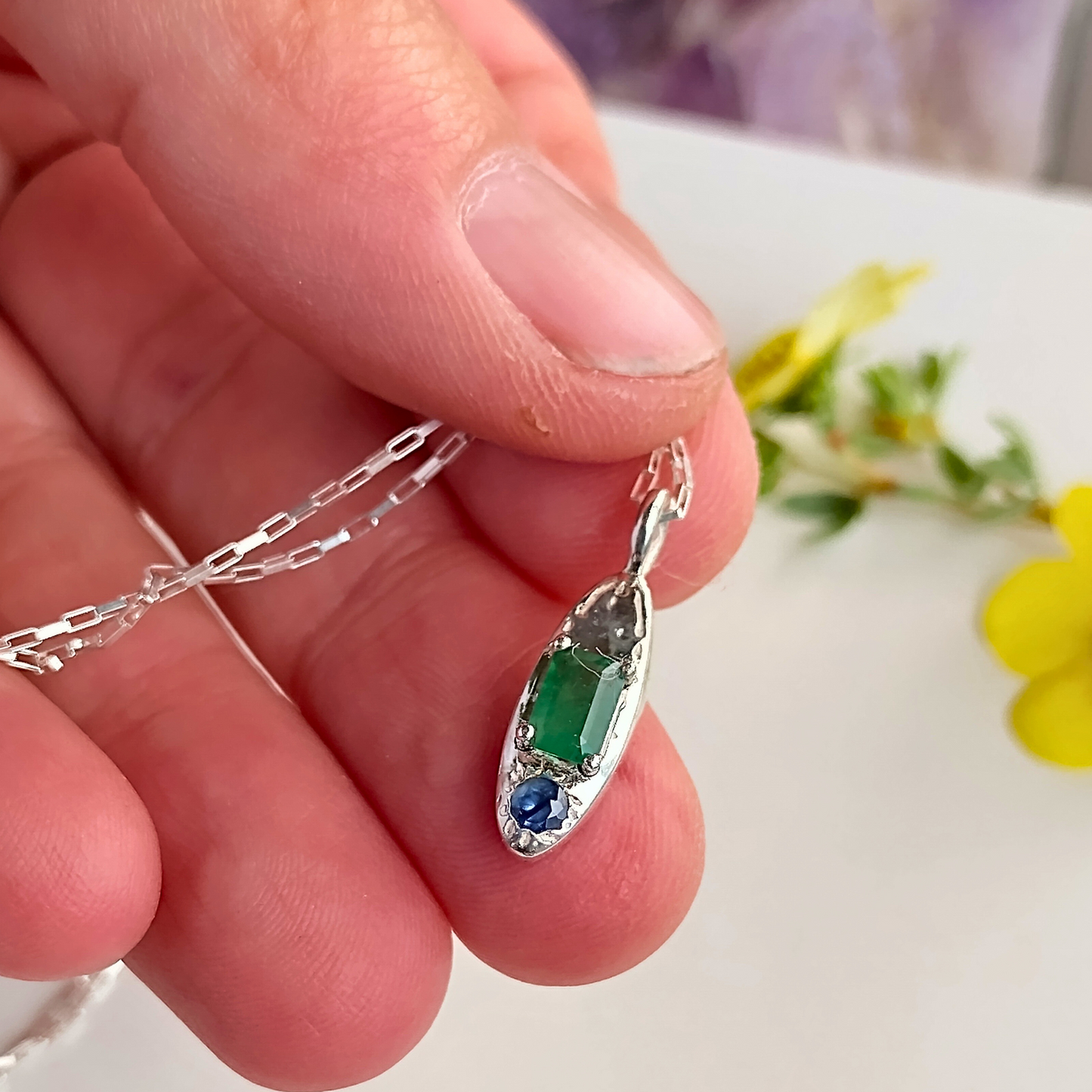 Emerald and sapphire pure silver necklace
