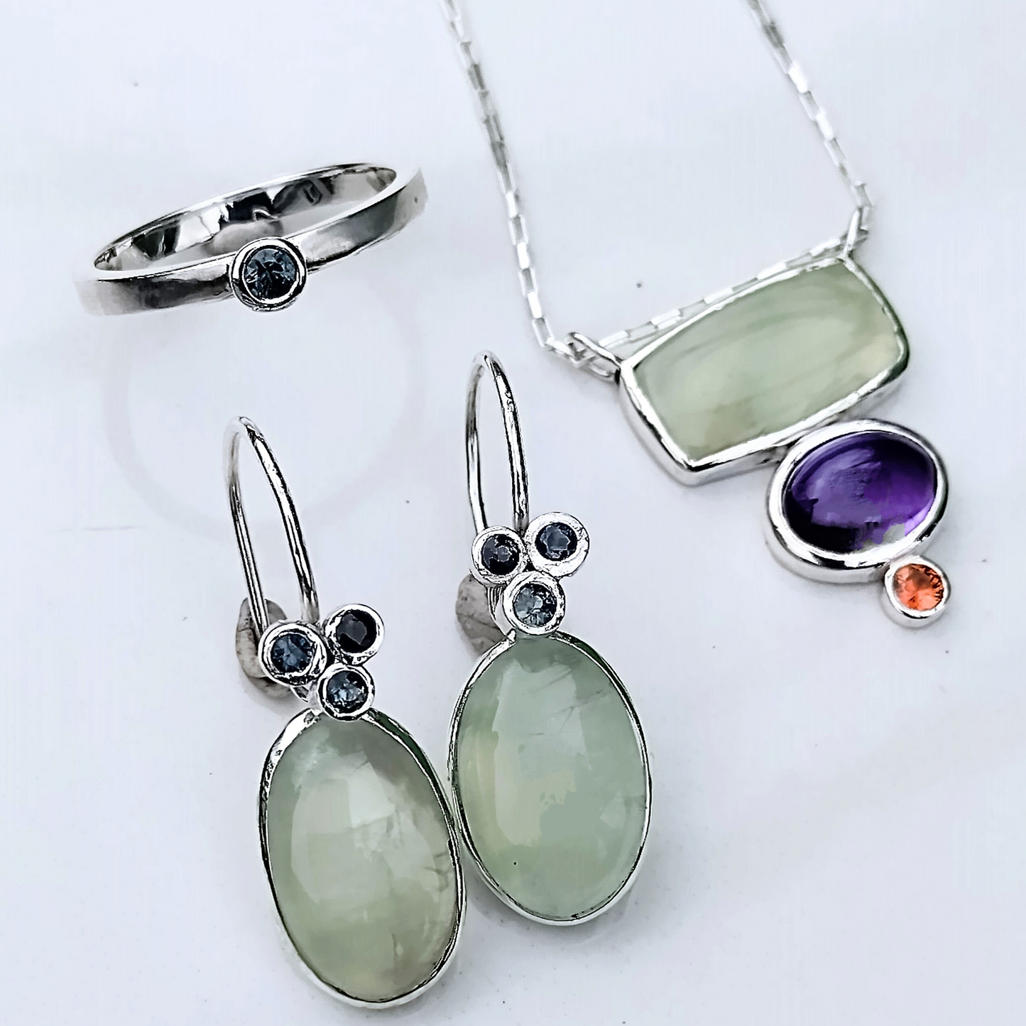 Prehnite, Amethyst and saphire sterling silver necklace