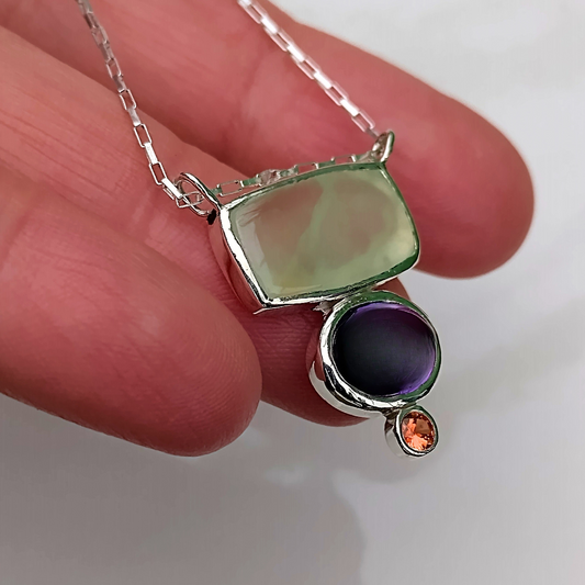 Prehnite, Amethyst and saphire sterling silver necklace