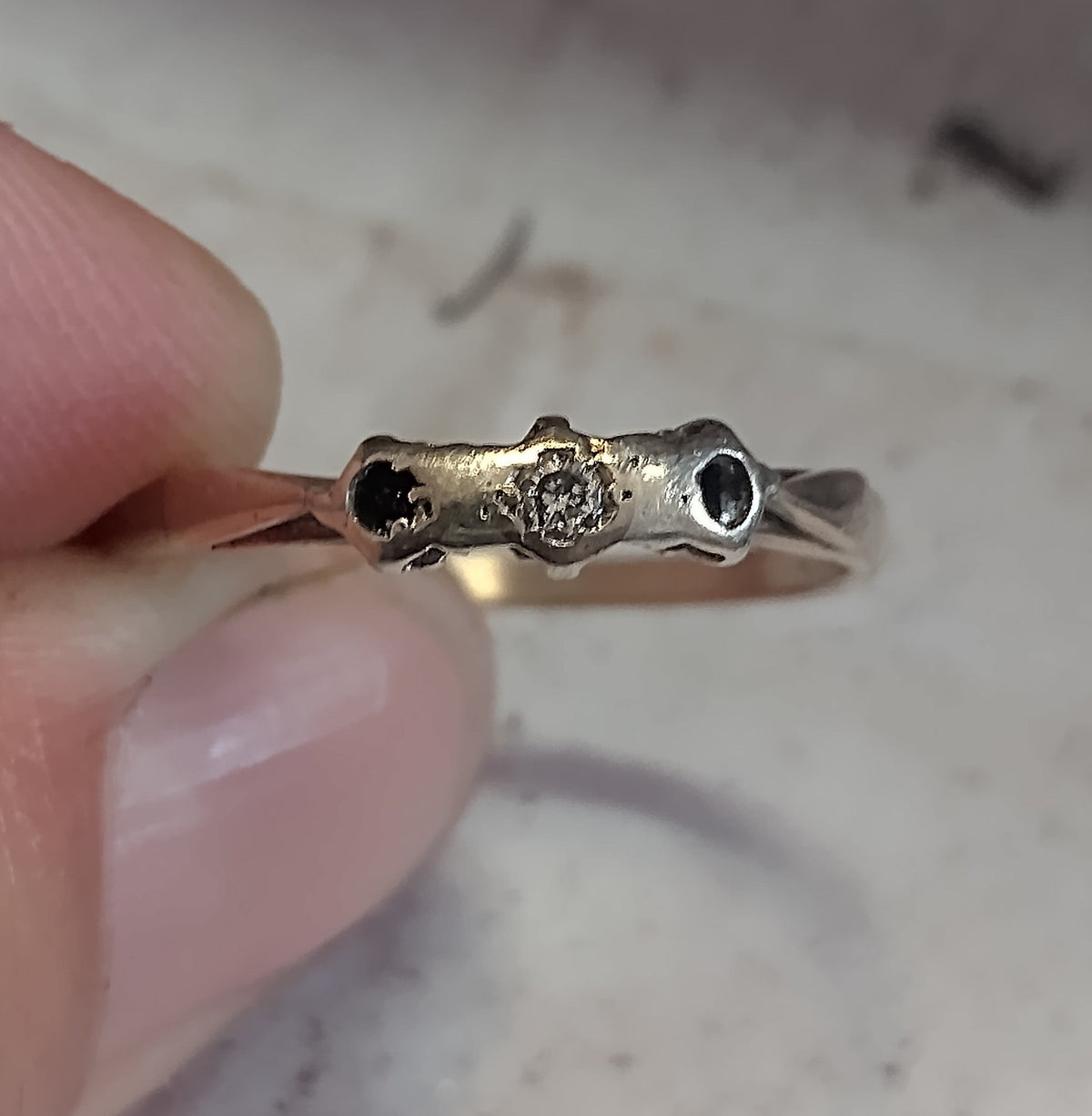 Antique gold and diamond ring before restoration, showing the worn and damaged original setting.