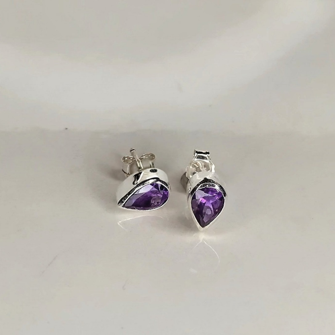 Amethyst drop stud earrings handmade in sterling silver
