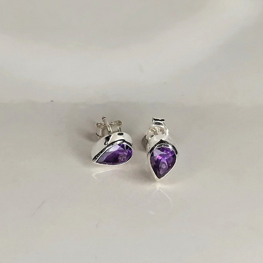Amethyst drop stud earrings handmade in sterling silver