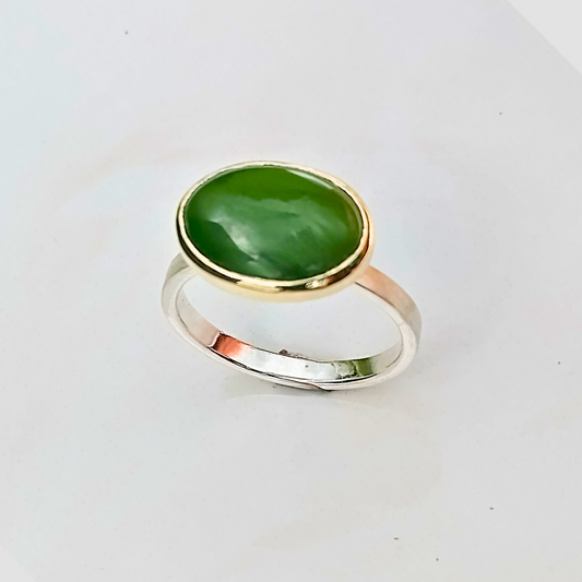 Sterling silver and 9K gold with Jade. Size R