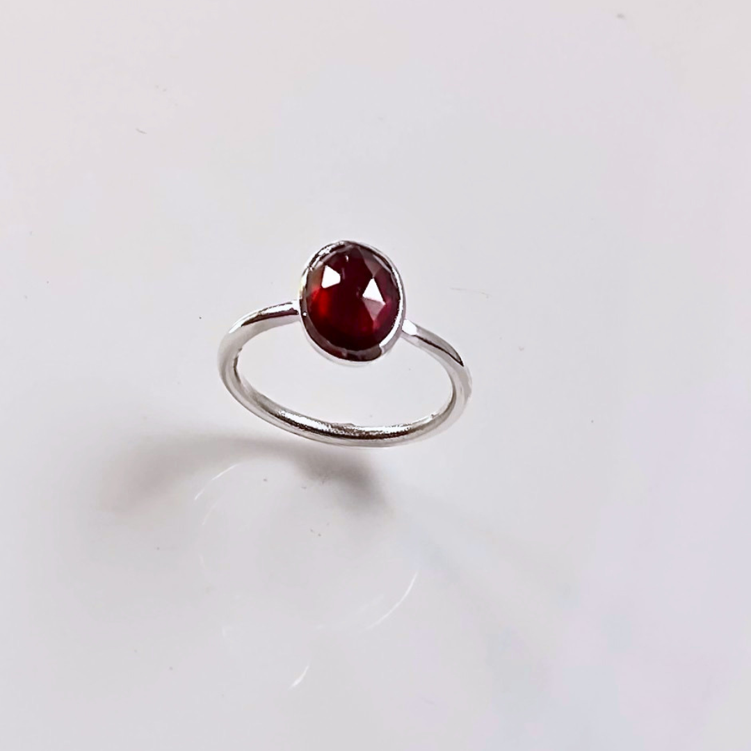 Handmade sterling silver ring set with an oval red garnet.