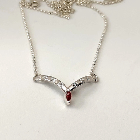 Garnet and cubic zirconia, wishbone necklace Sterling silver