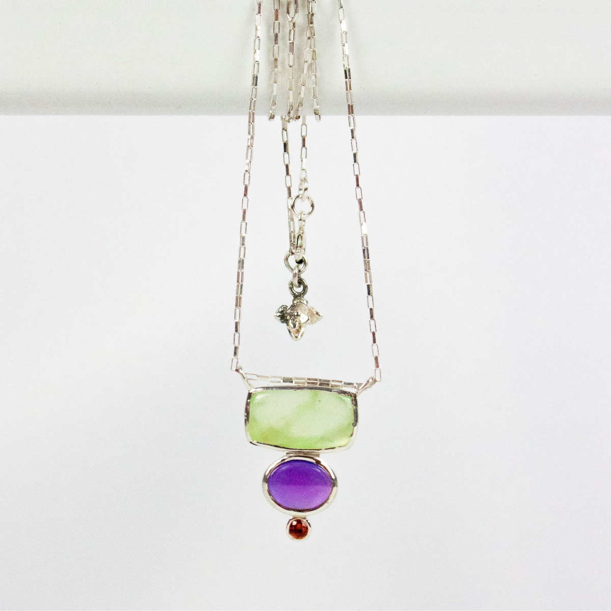 Prehnite, Amethyst and saphire sterling silver necklace