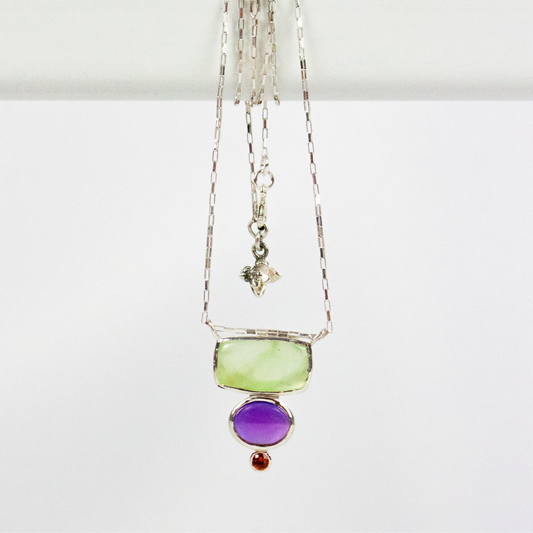 Prehnite, Amethyst and saphire sterling silver necklace